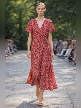 Pretty Garden boho-style red and white floral print wrap midi dress